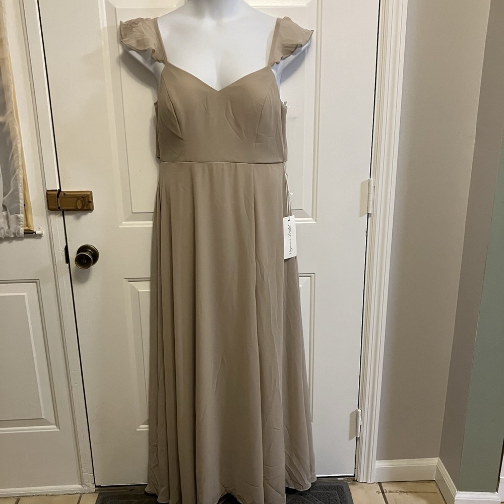 NWT Bill Levkoff Size 14 Taupe Beige Chiffon Maxi Dress‎ Gown Mother Of Bride